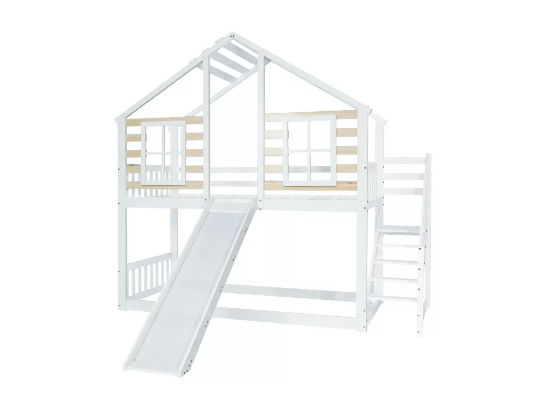 Lits superposés cabane 90 x 200 cm, avec escaliers, grilles et toboggan, Pin + MDF, Blanc