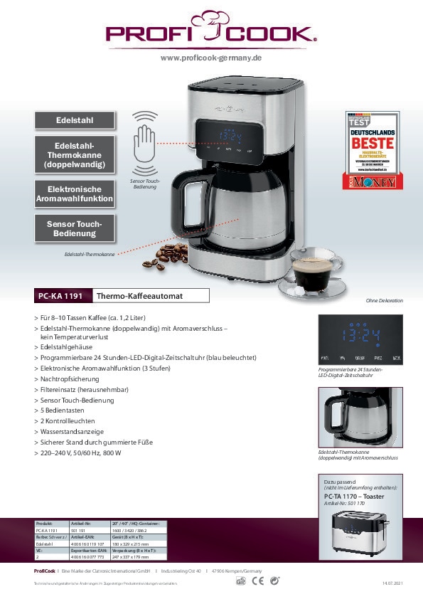 ProfiCook Thermo-Kaffeeautomat PC-KA 1191 Edelstahl / Schwarz