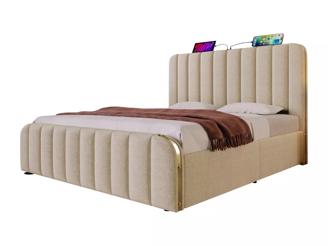 Lit adulte, lit rembourré 180*200 cm, avec garniture dorée et recharge USB Type-C, tissu en lin beige.