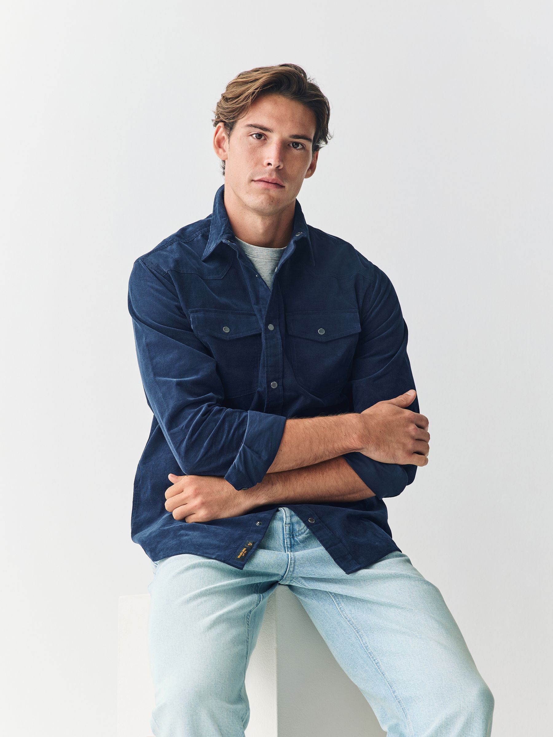 Donkerblauw - Overhemd in westernstijl met lange mouwen van corduroy