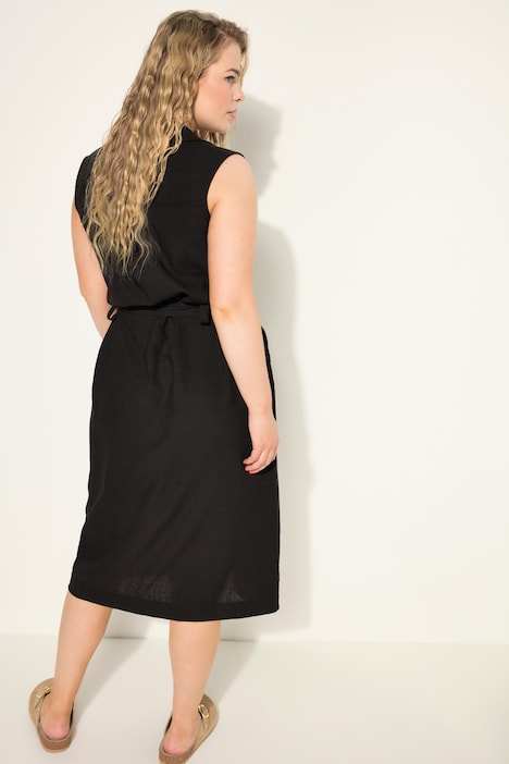 Utility-Midikleid, ärmellos, Leinenmix, Bindegürtel, Revers, Knopfleiste