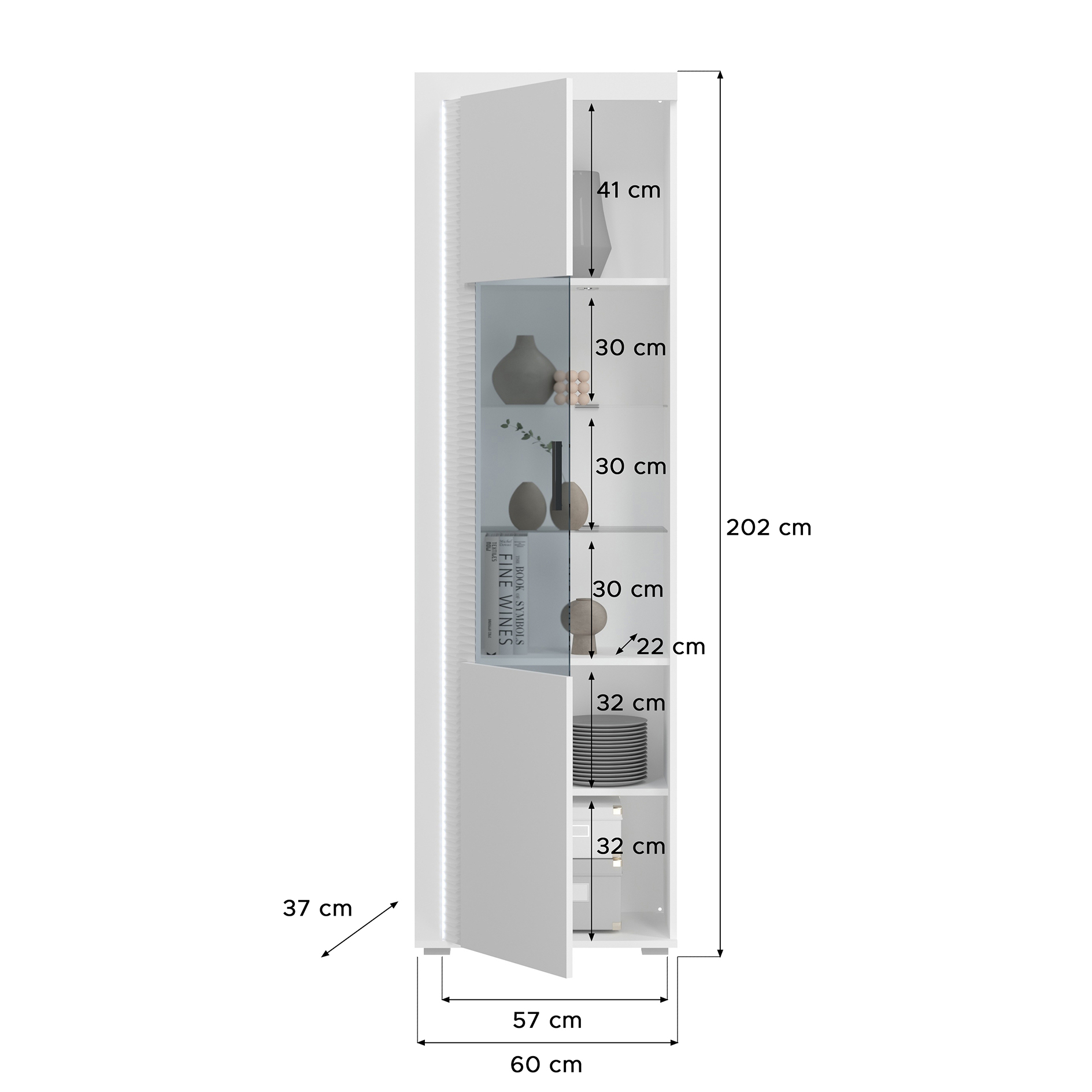 Vitrine SKYLIGHT - weiß Hochglanz - mit Beleuchtung - 202 cm hoch