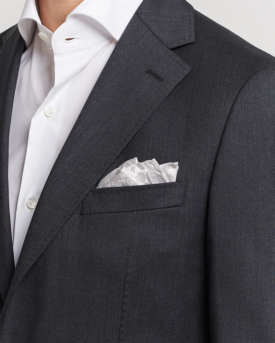 Amanda Christensen Tonal Paisley Silk Pocket Square Silver