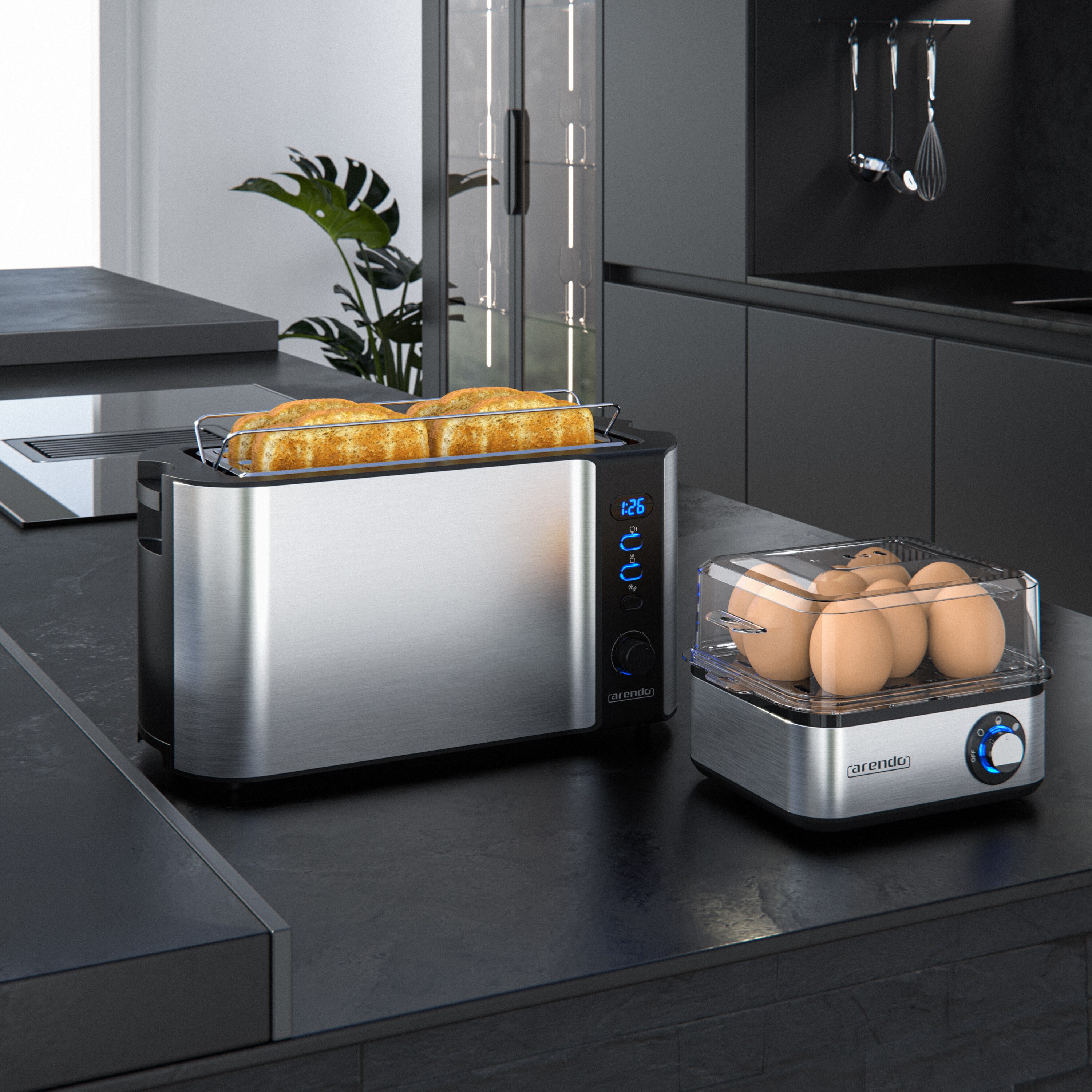 Arendo 2-teiliges Frühstücksset - 4-Scheiben Langschlitz Toaster, 8er Eierkocher, Silber