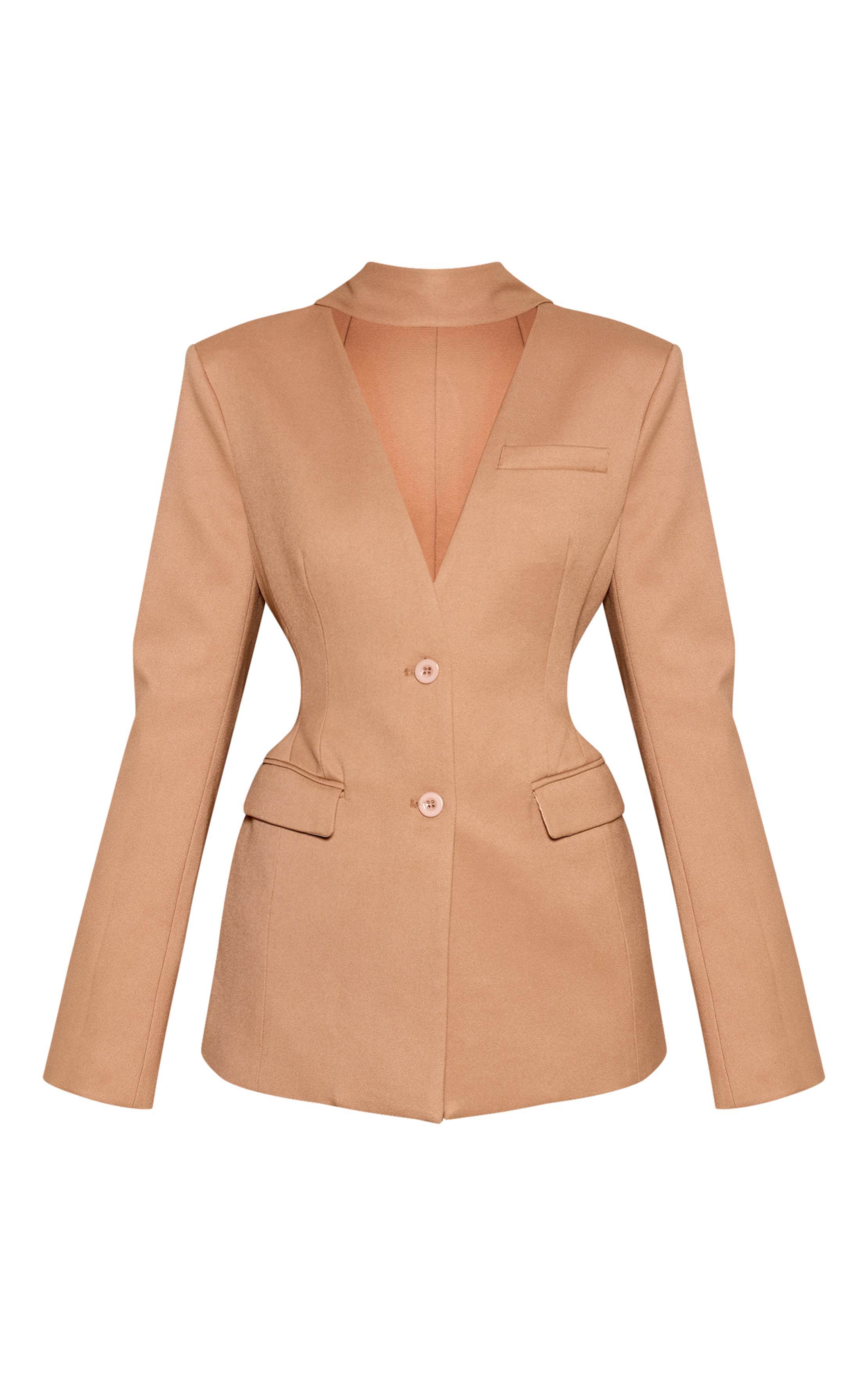 Taupe Blazer Cintré À La Taille Avec Détail Foulard Et Hanches Moulées