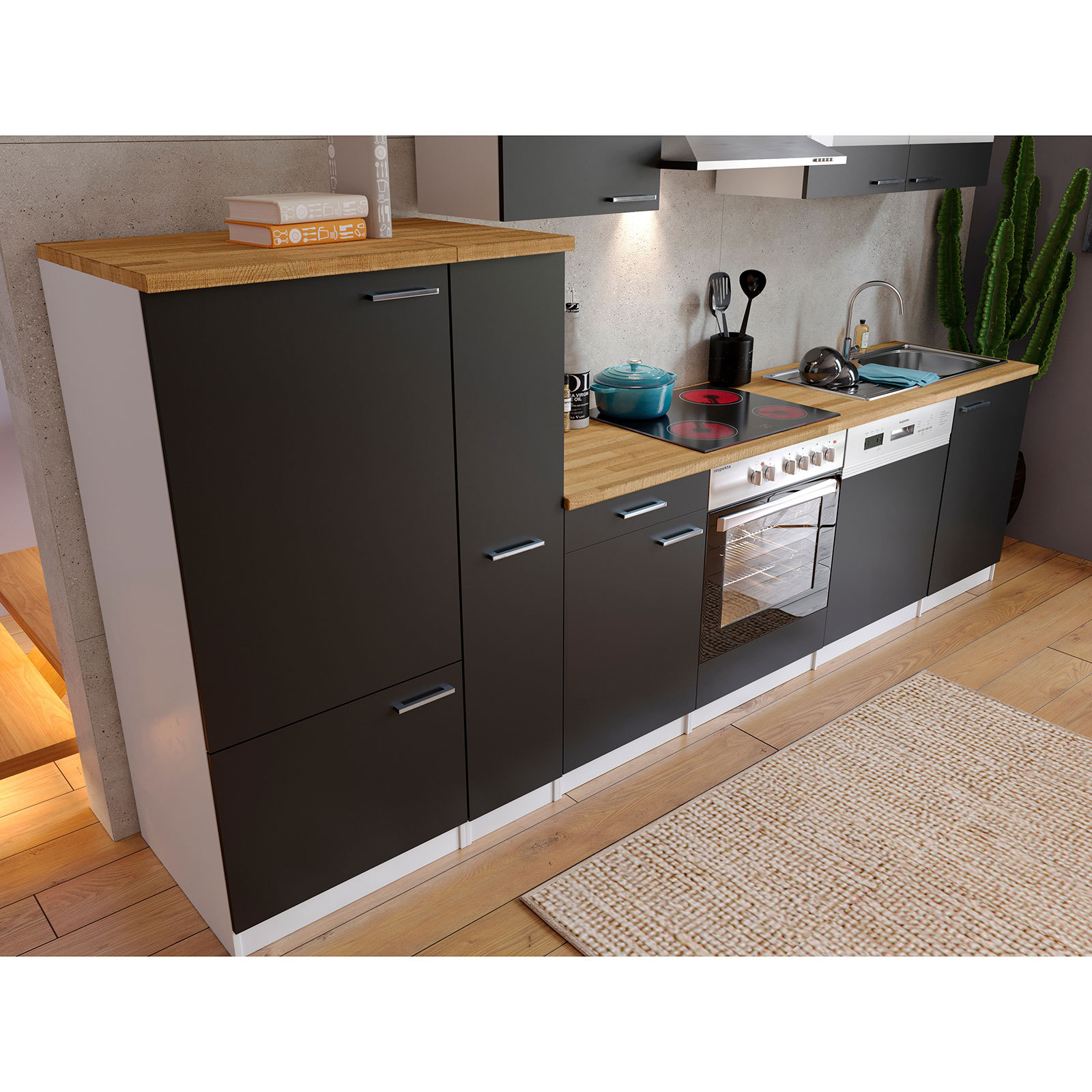 RESPEKTA Küchenblock - schwarz-weiß - mit E-Geräten - 310 cm