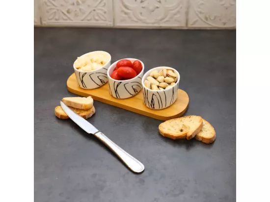~ Set apéritif tapas 3 verrines en bambou et céramique blanc et marron 33.5 x 10 cm