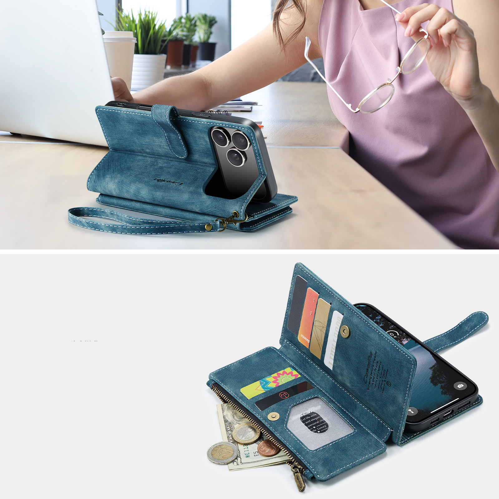 iPhone 17 Pro 2in1 Leder Tasche Karten Etui - Blau