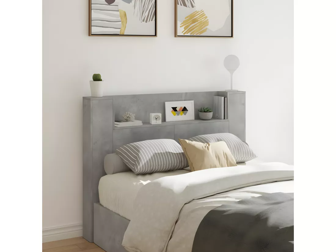 Armoire tête de lit avec LED gris béton 140x16,5x103,5 cm