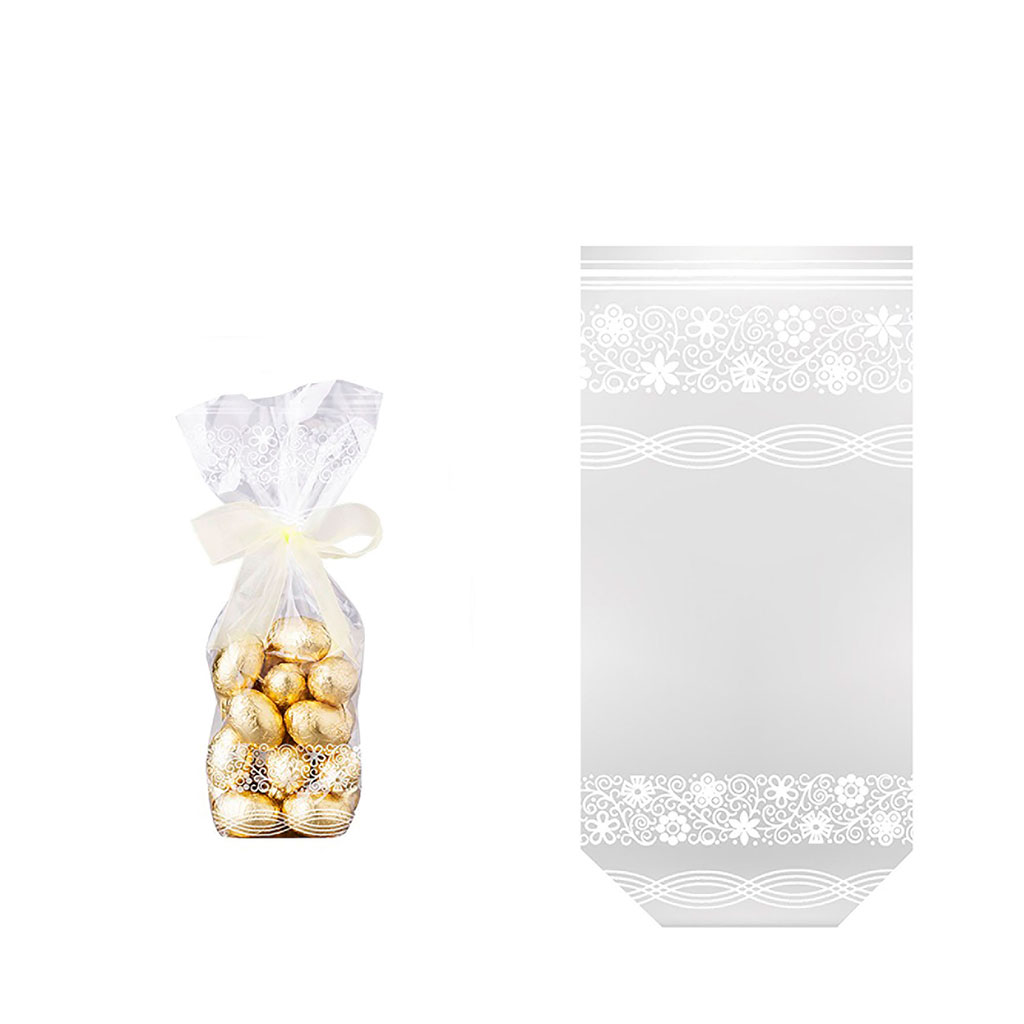 Lot de 10 sachets plastique transparents alimentaires avec motif dentelle 11.5x19cm