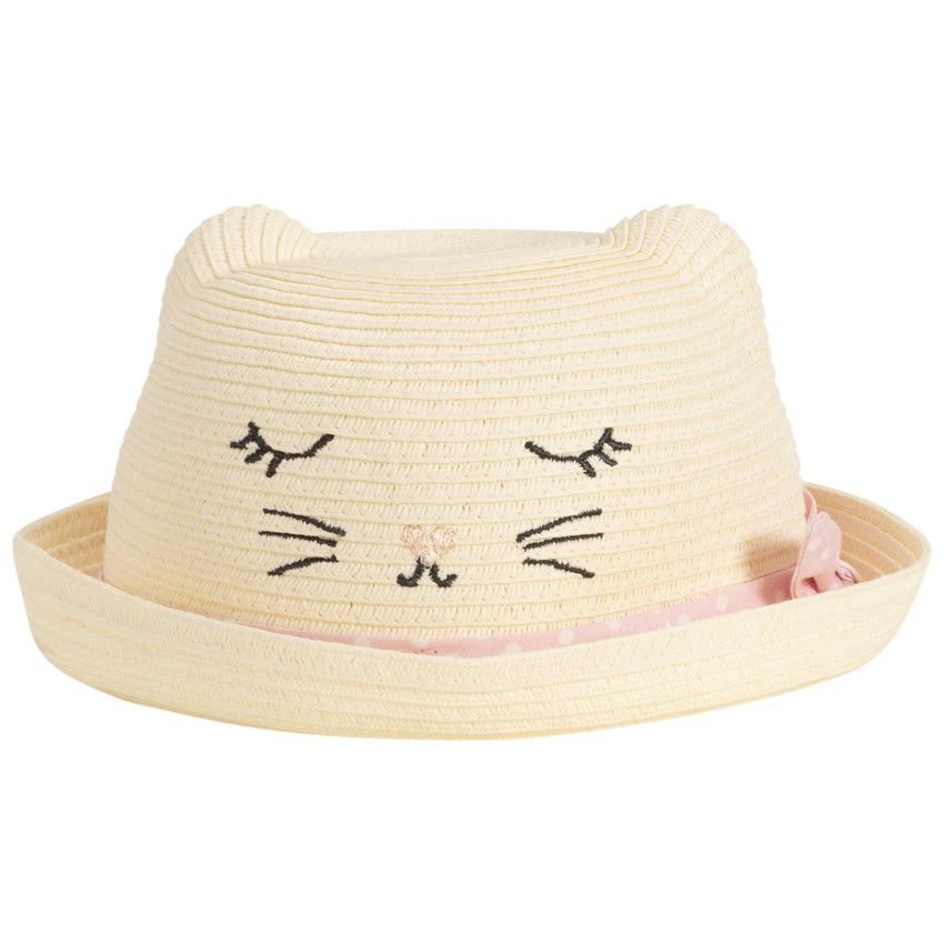 Chapeau effet paille tressée en forme de chat pour bébé fille - Ecru