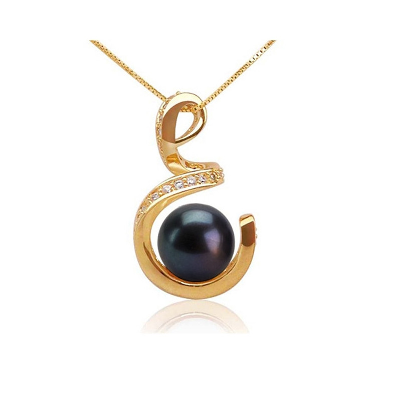 Pendentif Spirale et Perle de culture Noire et Plaqué or jaune
