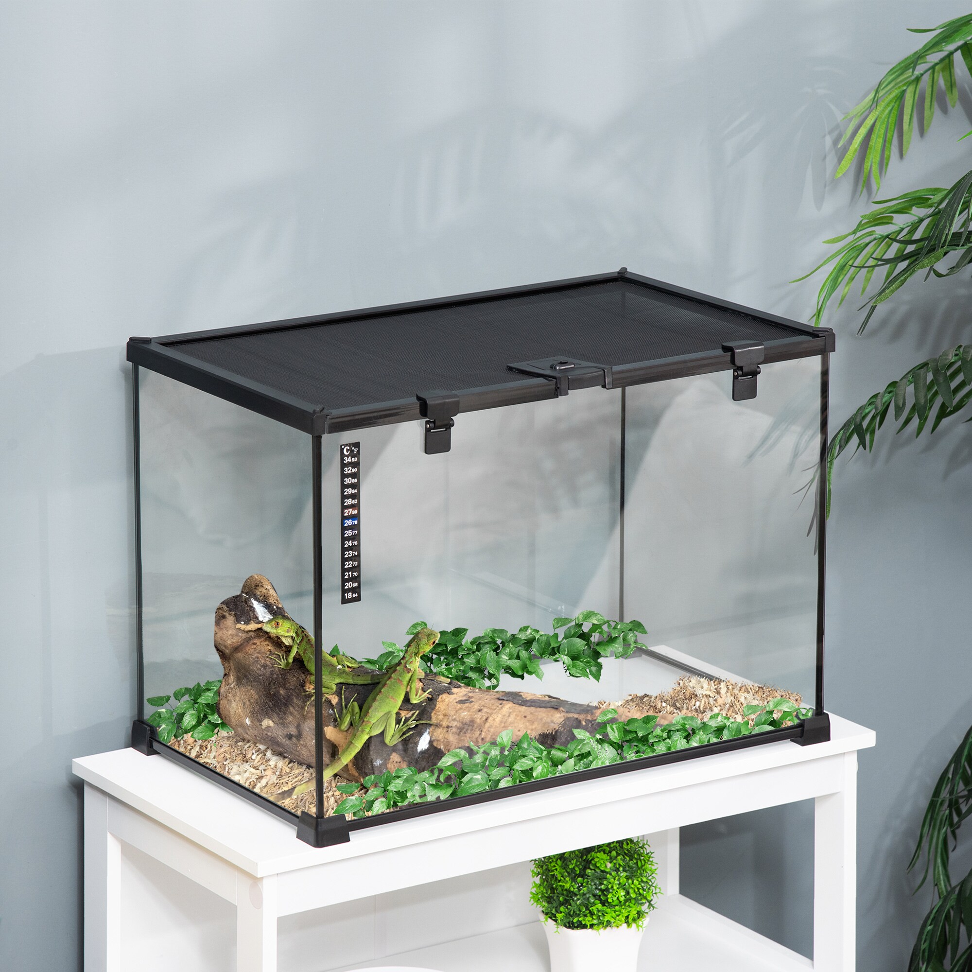 PawHut Terrarium mit Thermometer schwarz 50B x 30T x 35H cm