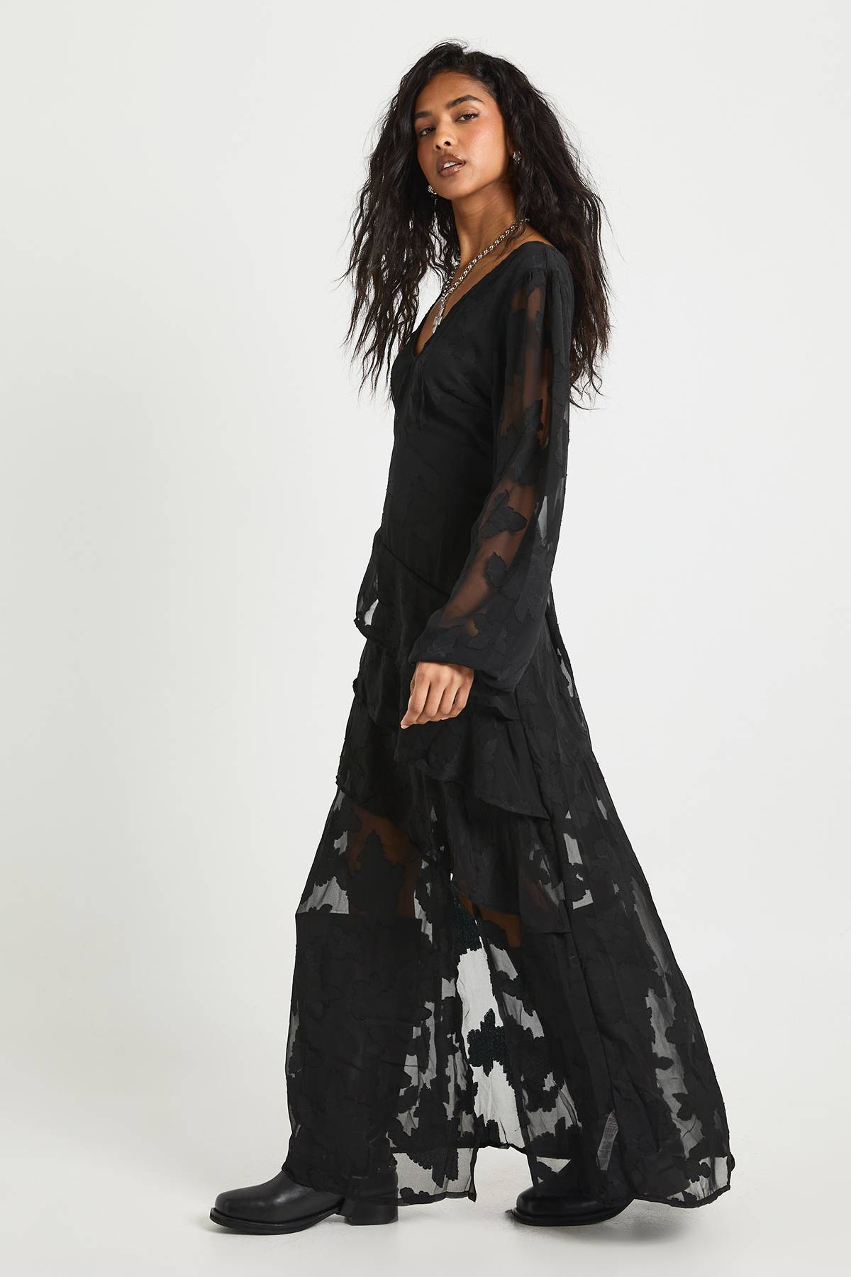 boohoo Burnout Floral Frill Detail Maxi Dress