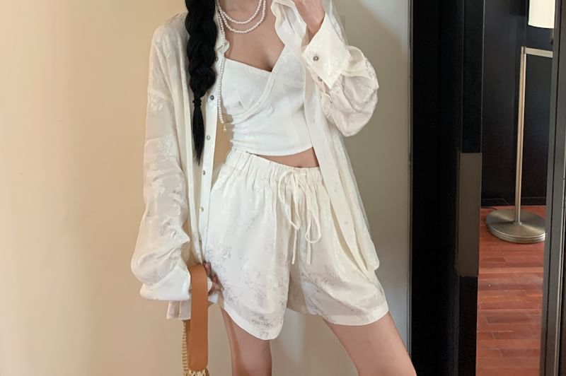 Duwnie - Effen shirt met lange mouwen / V-hals top / Shorts
