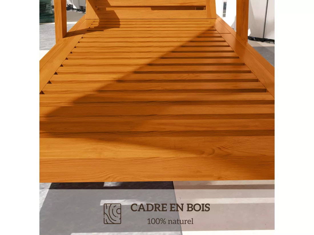 Bain de soleil transat inclinable 3 positions - accoudoirs, roues - bois de mélèze verni