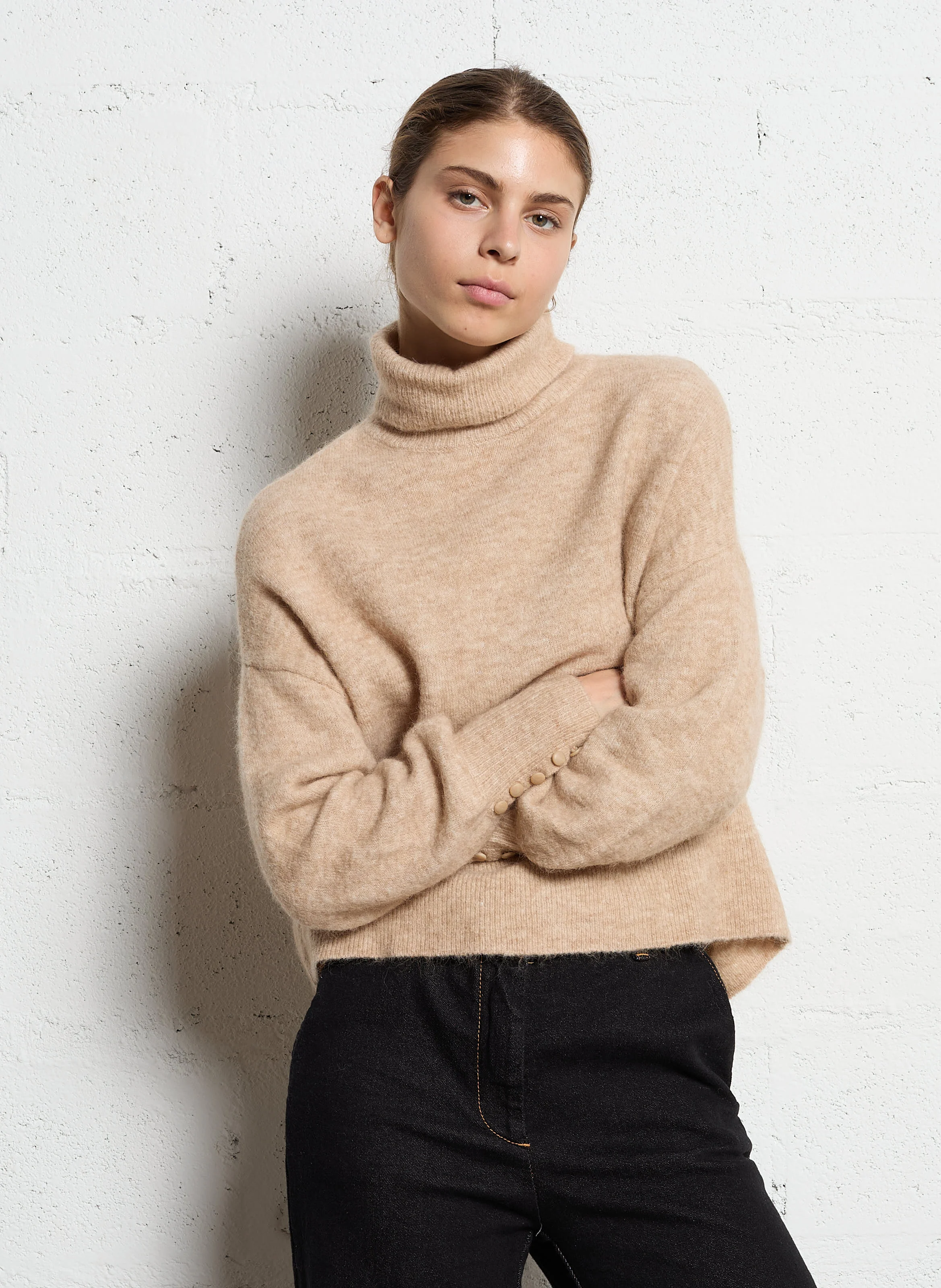 MACOMY - Pull oversize col roulé en laine mélangée | Beige
