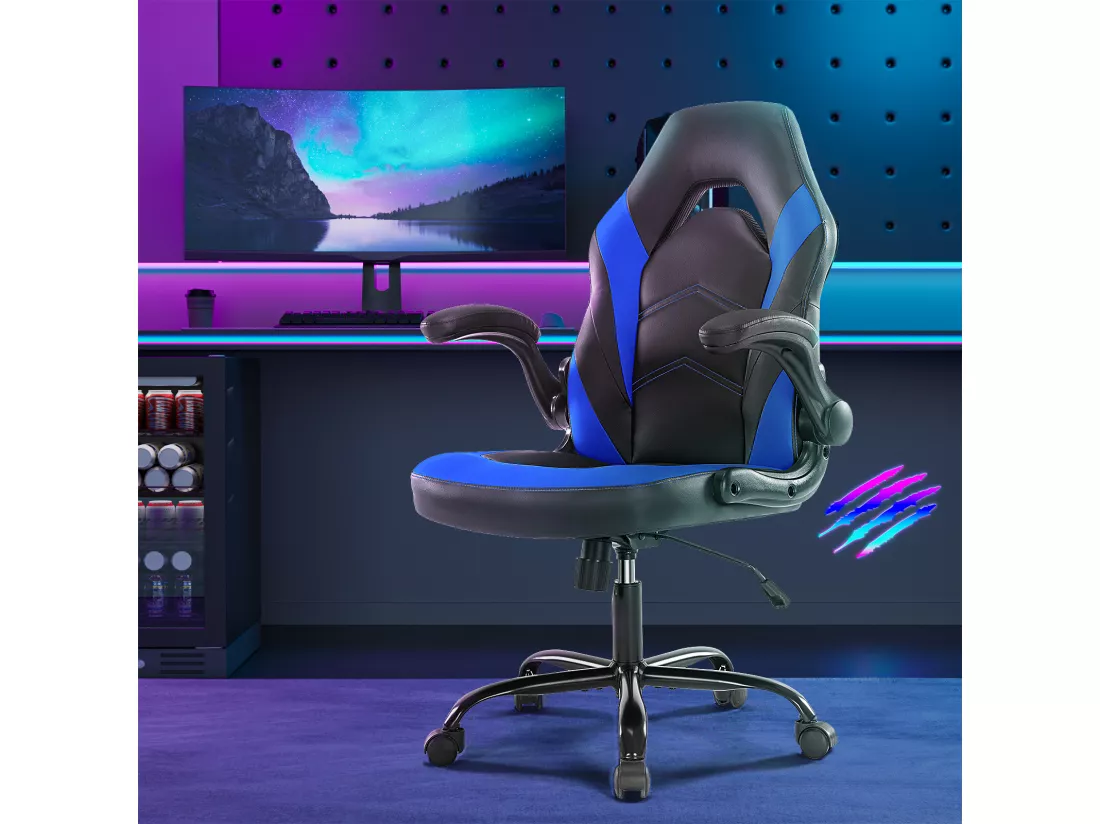 Chaise d'ordinateur,Chaise de bureau pivotante avec support lombaire,Ergonomique,Cuir de PU,Bleu,Noir