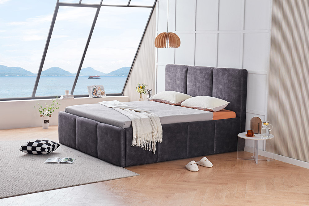 Modernes Boxbett ATELIER 180x200cm grau Samt mit Lattenrost und Stauraum