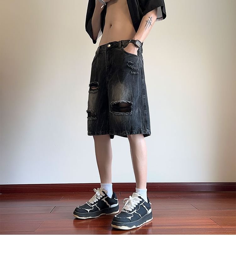 Breeson - Low Rise Washed Distressed Wide Leg Denim Shorts