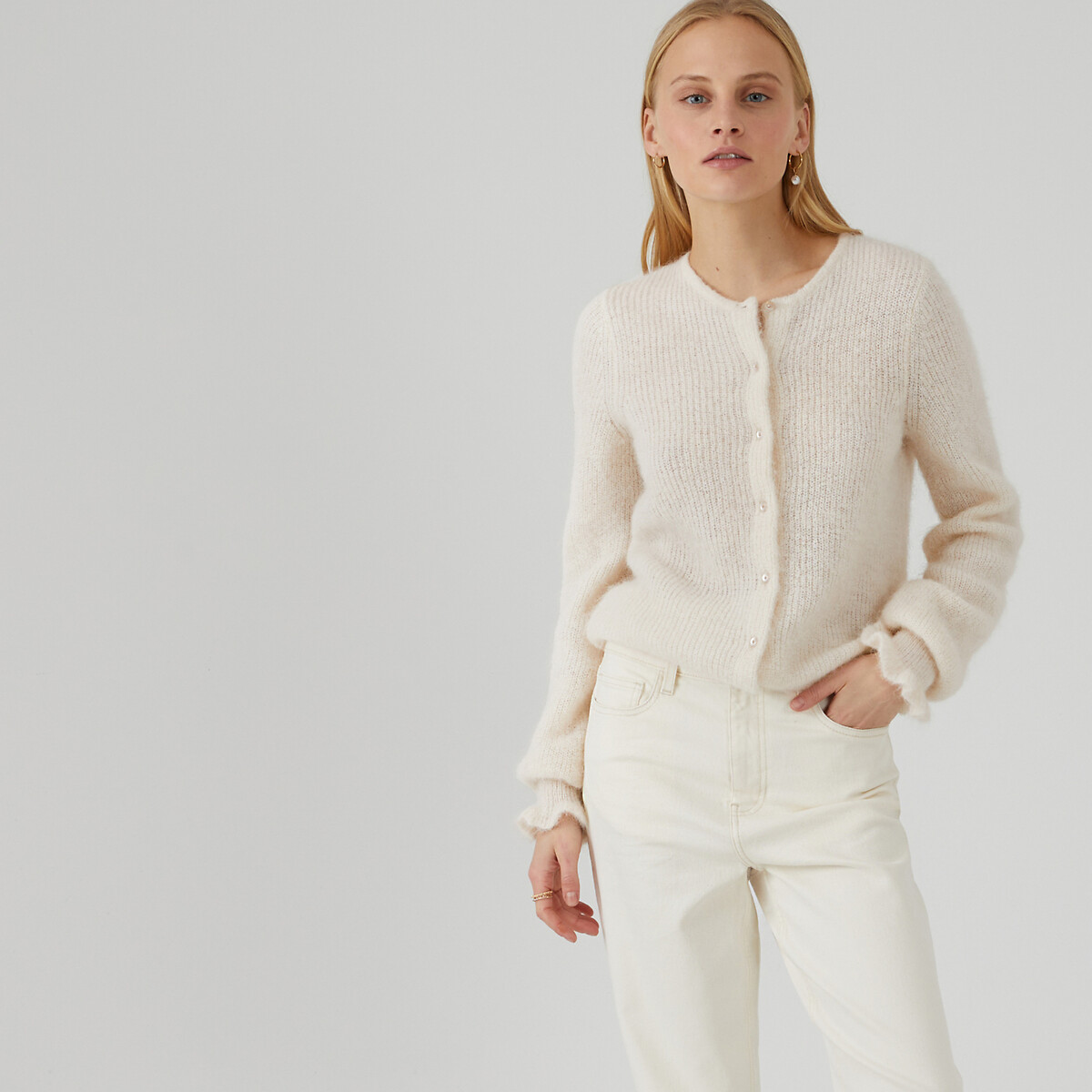 COLEÇÕES LA REDOUTE<br>Cardigã de malha em alpaca mista, com babados nos punhos