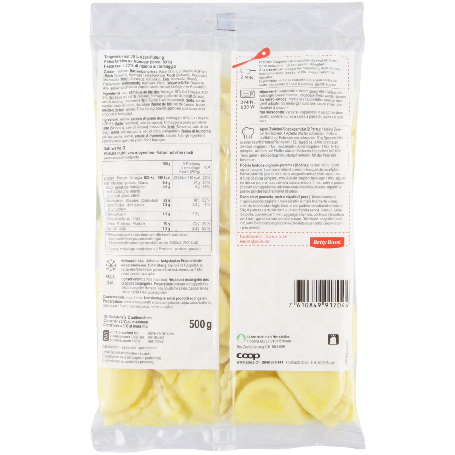 Betty Bossi Naturaplan Bio Cappelletti Gruyère