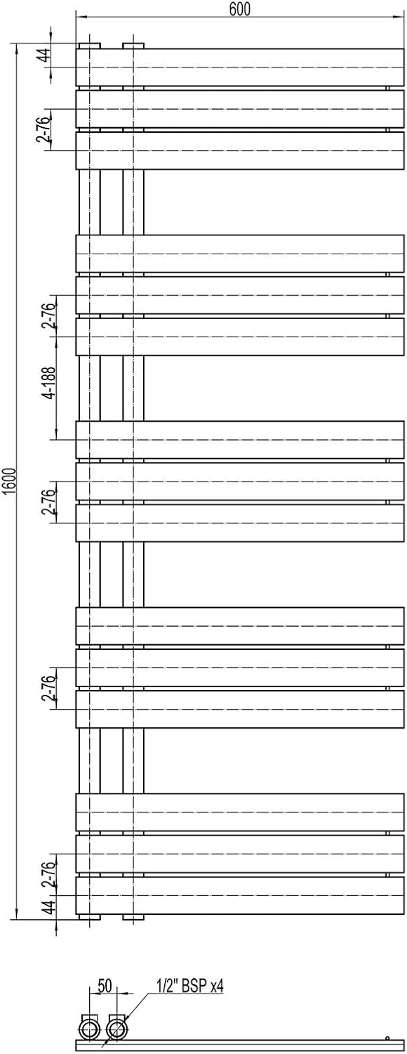 Design Badheizkörper Handtuchwärmer D16W in Weiß - Größe wählbar, Größe:1600x500mm, Anschlussgarnitur:Ohne Anschlussgarnitur