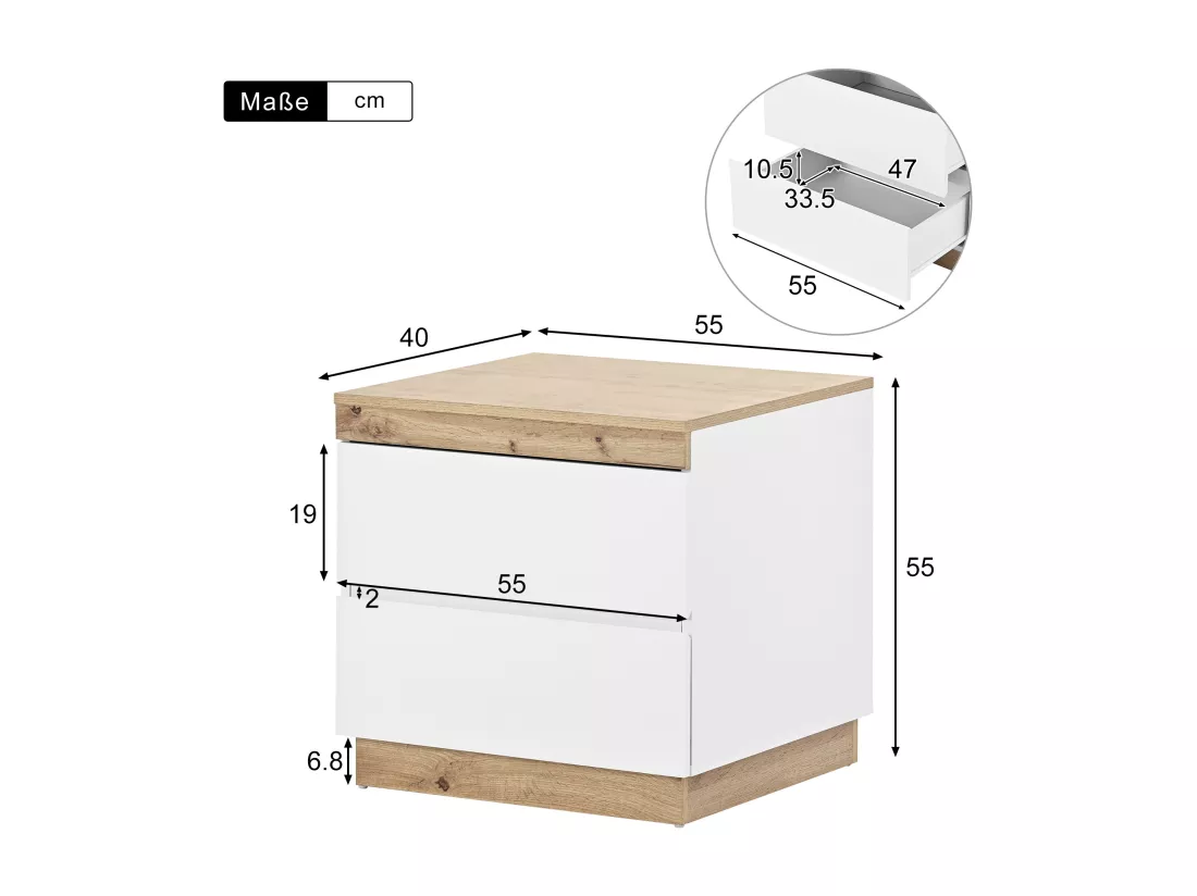 Table de chevet avec deux tiroirs avec fonction de rangement E1 panneau de particules blanc + chêne