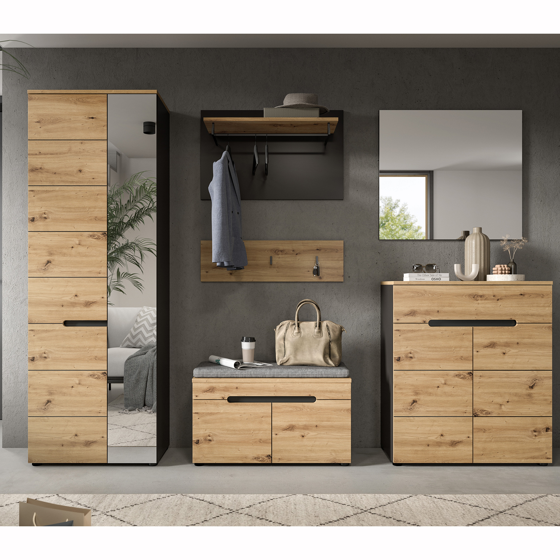 2-tlg Garderobenpaneel-Set - Artisan Eiche - Basalt grau - 80 cm