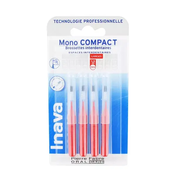 Escovas interdentais Inava Mono Compact Wide Space de 1,5 mm, vermelhas, pacote com 4 unidades.
