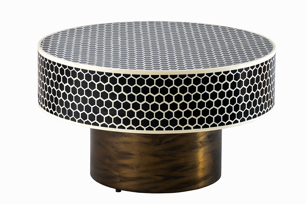 Runder Couchtisch HARMONY NATURE 60cm schwarz weiß gold mit Mosaik