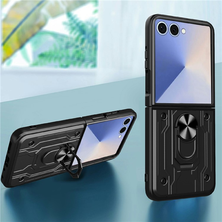 Samsung Galaxy Z Flip7 Hybrid Hardcase Hülle   Magnetischer Kickstand Haltering - Schwarz