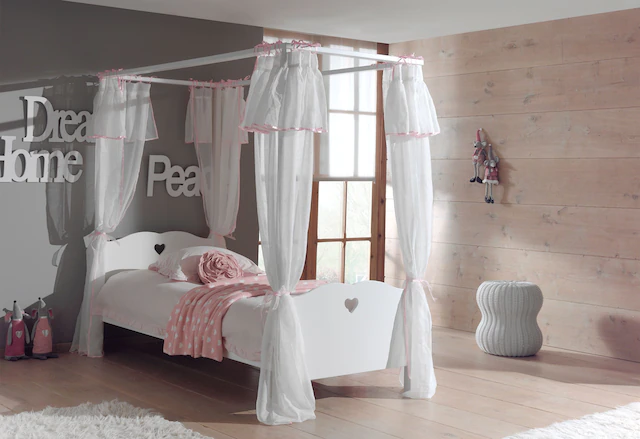 Vipack Himmelbett »Amori, Liegefläche 90/200 cm, inkl. Himmelgestänge« B/H/T ca. 212x188x98cm,  inkl. Rolllattenrost, verspielte Optik,  ohne Textilvorhang, stabil und standfest gebaut, weiss lackiert