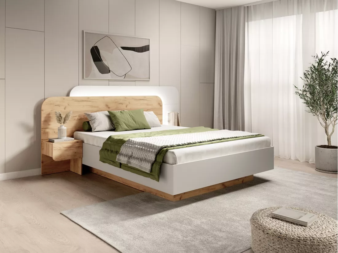Lit avec chevets 160 x 200 cm - Avec LEDs - Coloris : Naturel et blanc + Sommier - DESADO