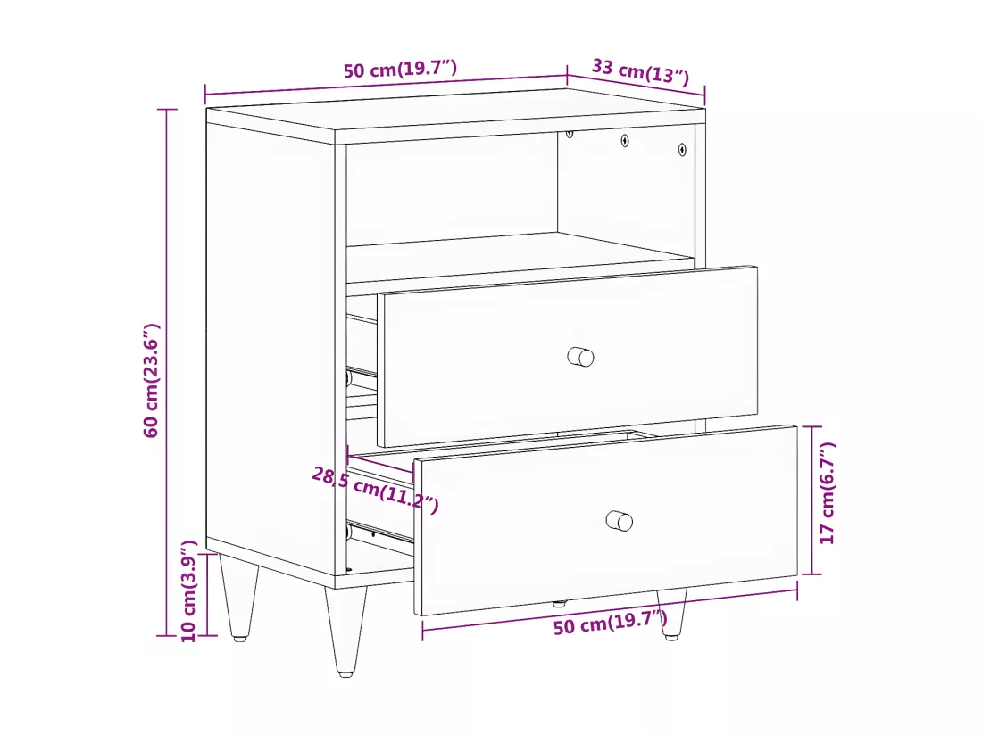 Table de chevet 50x33x60 cm bois de manguier massif