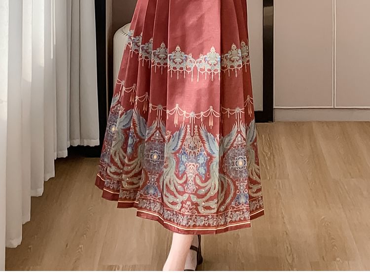 Fioridi - Hanfu-top met lange mouwen en bloemenprint en manchetten / Midi-rok met hoge taille en paisleyprint / Set