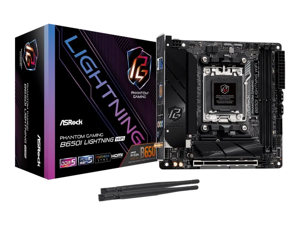 ASRock Phantom Gaming B650I Lightning WiFi - Bundkort - mini ITX - Socket AM5 - AMD B650 Chipset - USB-C 3.2 Gen2, USB-C 3.2 Gen 1, USB 3.2 Gen 2, USB 3.2 Gen 1 - 2.5 Gigabit LAN, Wi-Fi 6E, Bluetooth - onboard grafik (CPU påkrævet) - HD Audio (8-kana