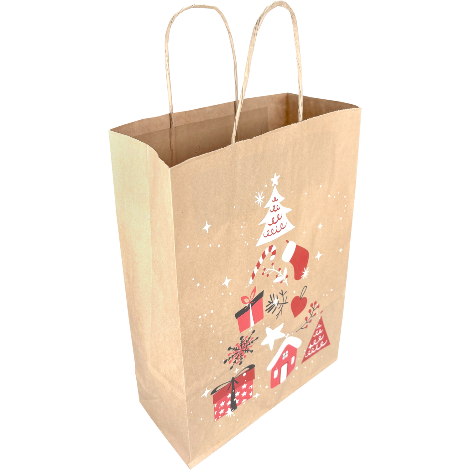 Tas, Boom, Papier, gedraaid papieren koord, 22x 10x31cm, draagtas, bruin/rood/wit/zwart