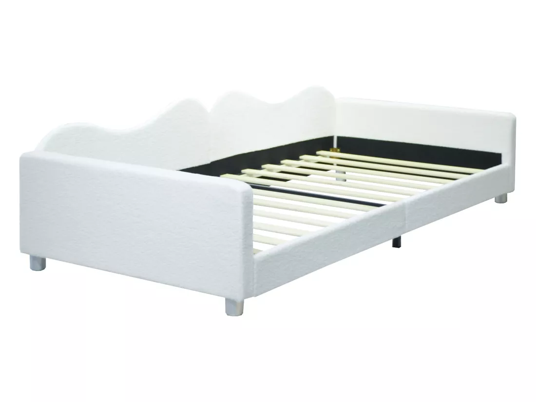 Lit banquette capitonné - 90 x 200 cm - 2 tiroirs - tissu peluche - sommier à lattes - pour enfant ou bébé - blanc
