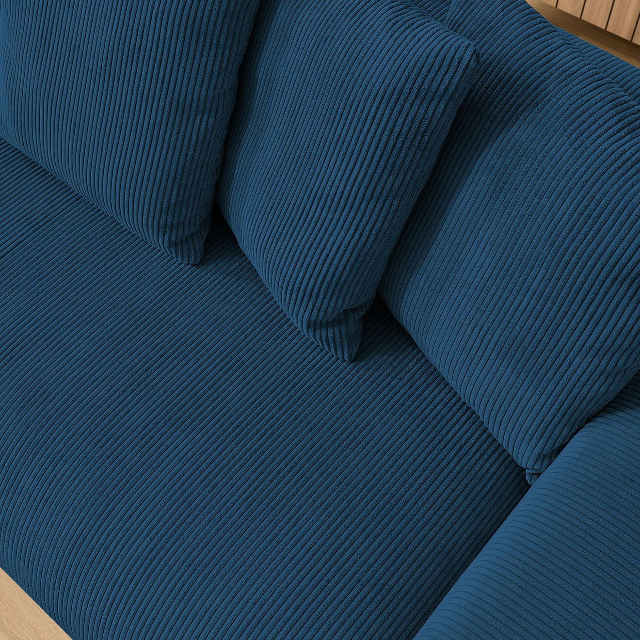 Bobochic Canapé droit fixe 3 places ultra moelleux voltaire velours côtelé bleu foncé - 280x124x75 cm