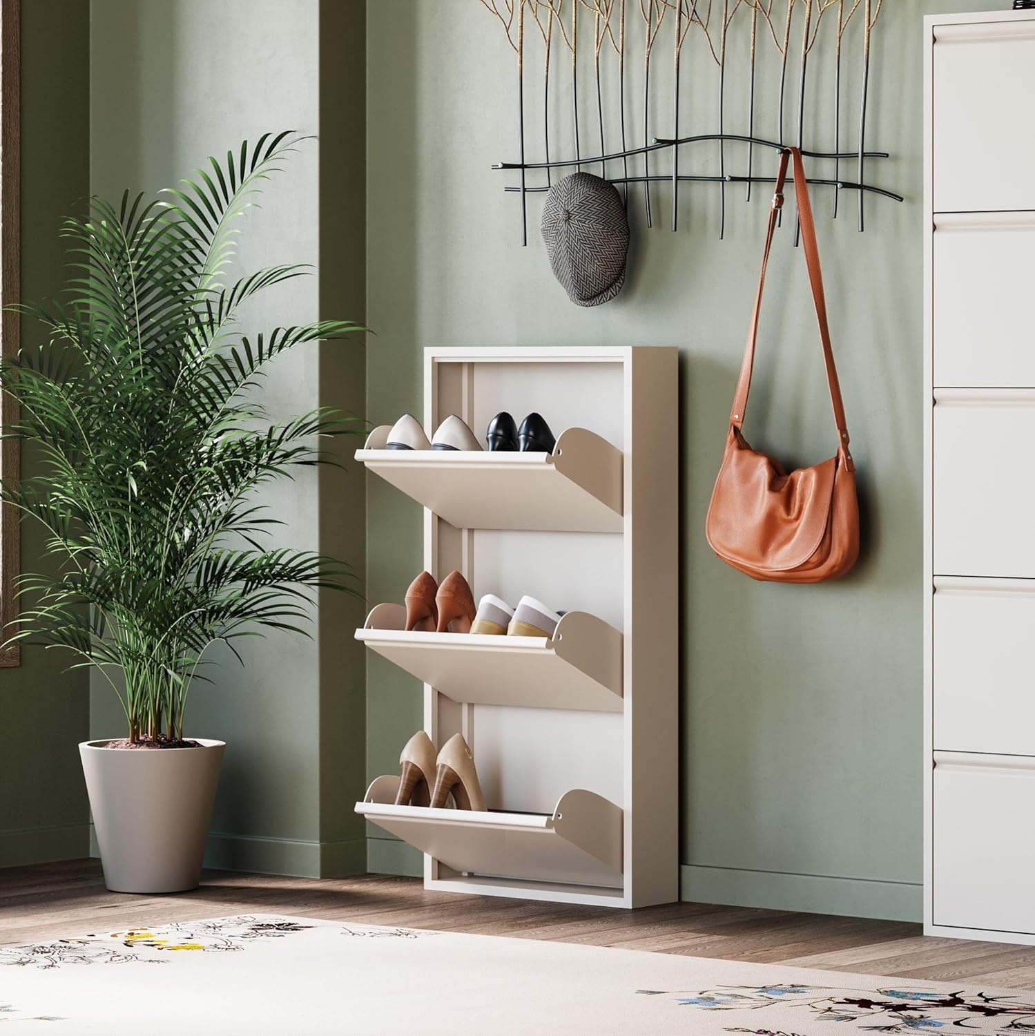 Kare Design Schuhschrank Caruso, Creme, 104x50x15 cm, Schuhkipper, Schuhablage, mit 3 Klappen, für 6 Paar Schuhe, Schmal, Platzsparend, Hoch, Eingangsbereich, Cremefarben