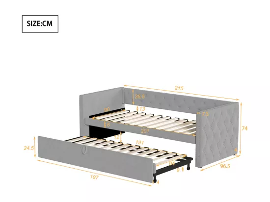 Lit gigogne Lit adulte Lit banquette 90 x 200 avec Sommier à lattes Lit d'invité Velours Gris clair