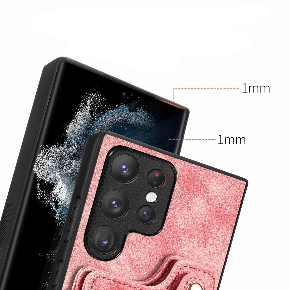 Samsung Galaxy S23 Ultra 5G Necklace Leder Hülle mit Kartenfächer   Finger Griff Halterung   Handykette (RFID Schutz) - Rosa