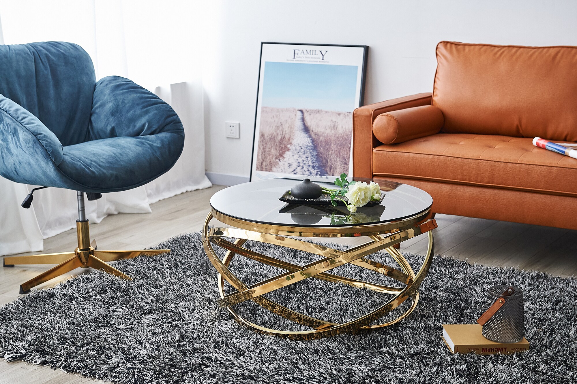Couchtisch Ø 80 cm gold grau Glastisch Beistelltisch Sofatisch Wohnzimmertisch
