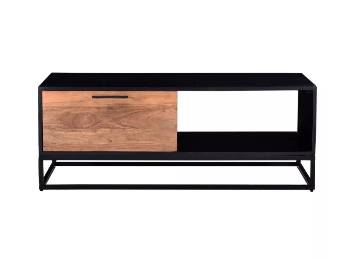 Table basse avec 1 tiroir et 1 niche en bois d'acacia et métal - Naturel foncé et noir - ALYONA