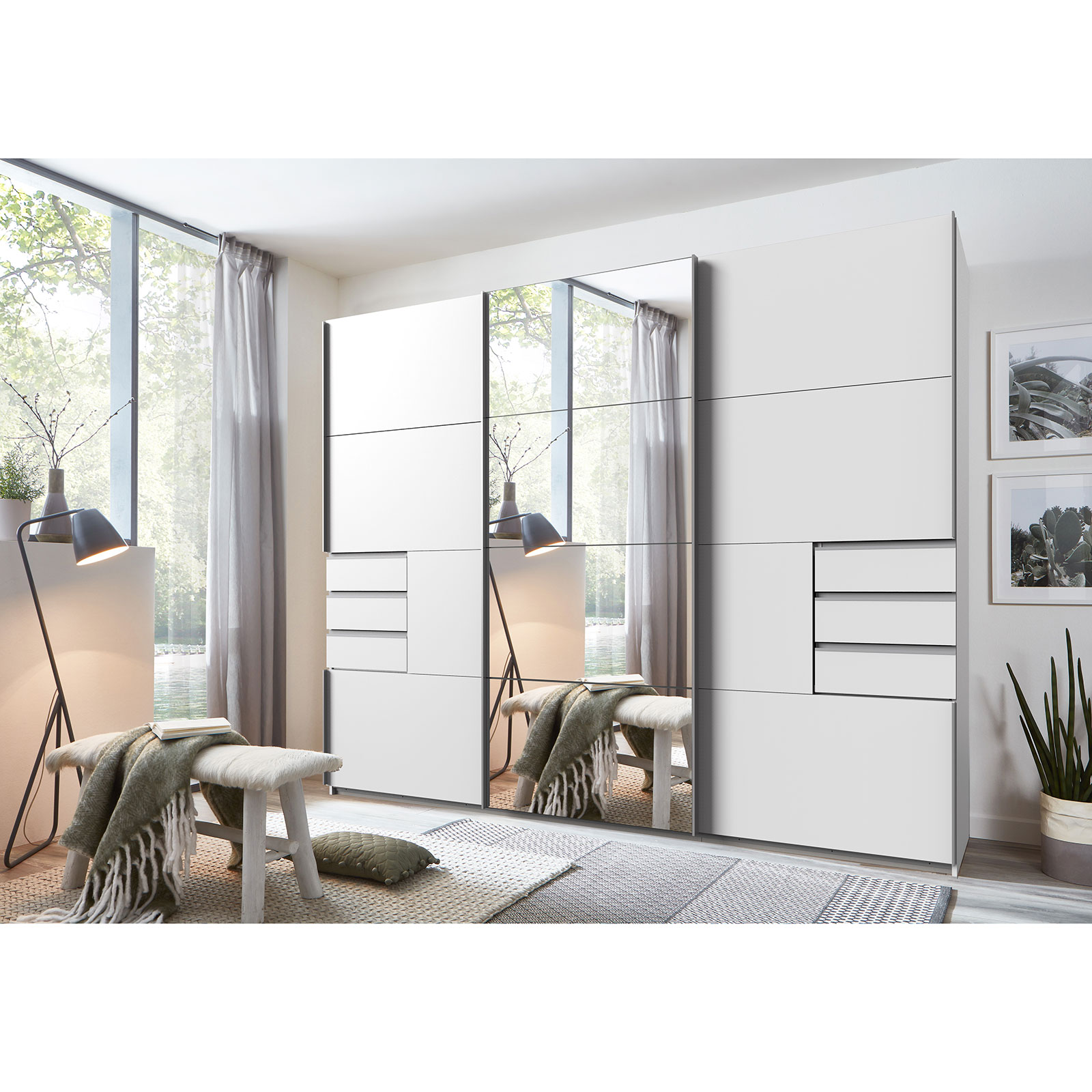 Schwebetürenschrank - weiß - mit Spiegel - 270 cm