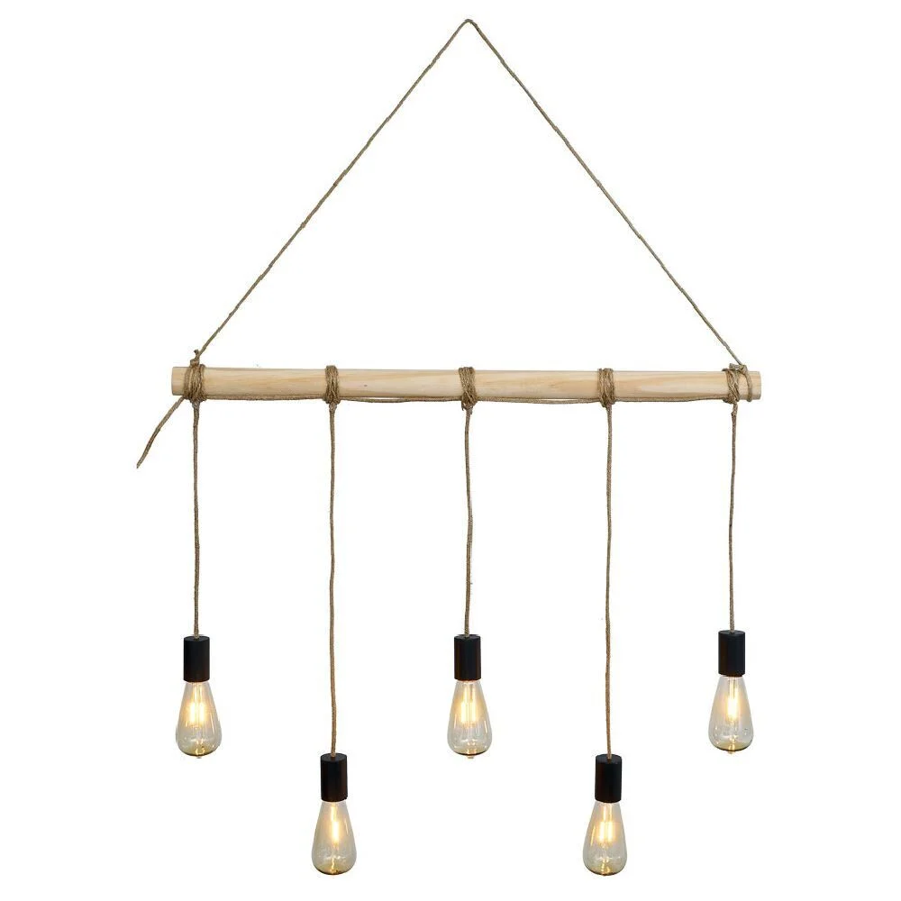 Suspension solaire en bois 5 ampoules LED blanc chaud L80xH60cm