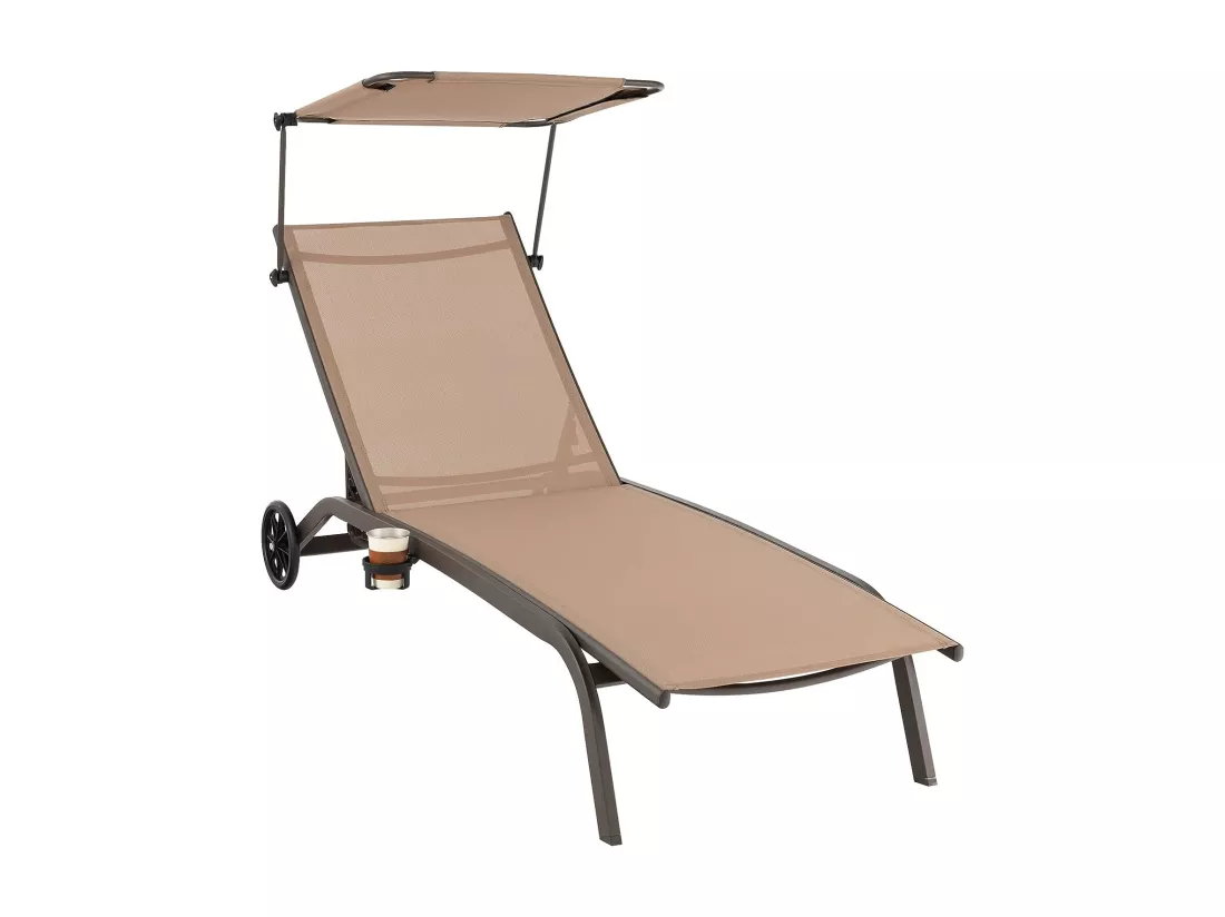 Chaise Longue de Jardin Inclinable Pliable, avec 6 Dossier Réglable, Auvent Rotatif, 2 Roulettes, Charge Max 150 kg