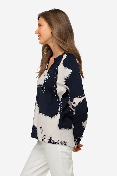 T-Shirt, Insel Print, V-Ausschnitt, Langarm