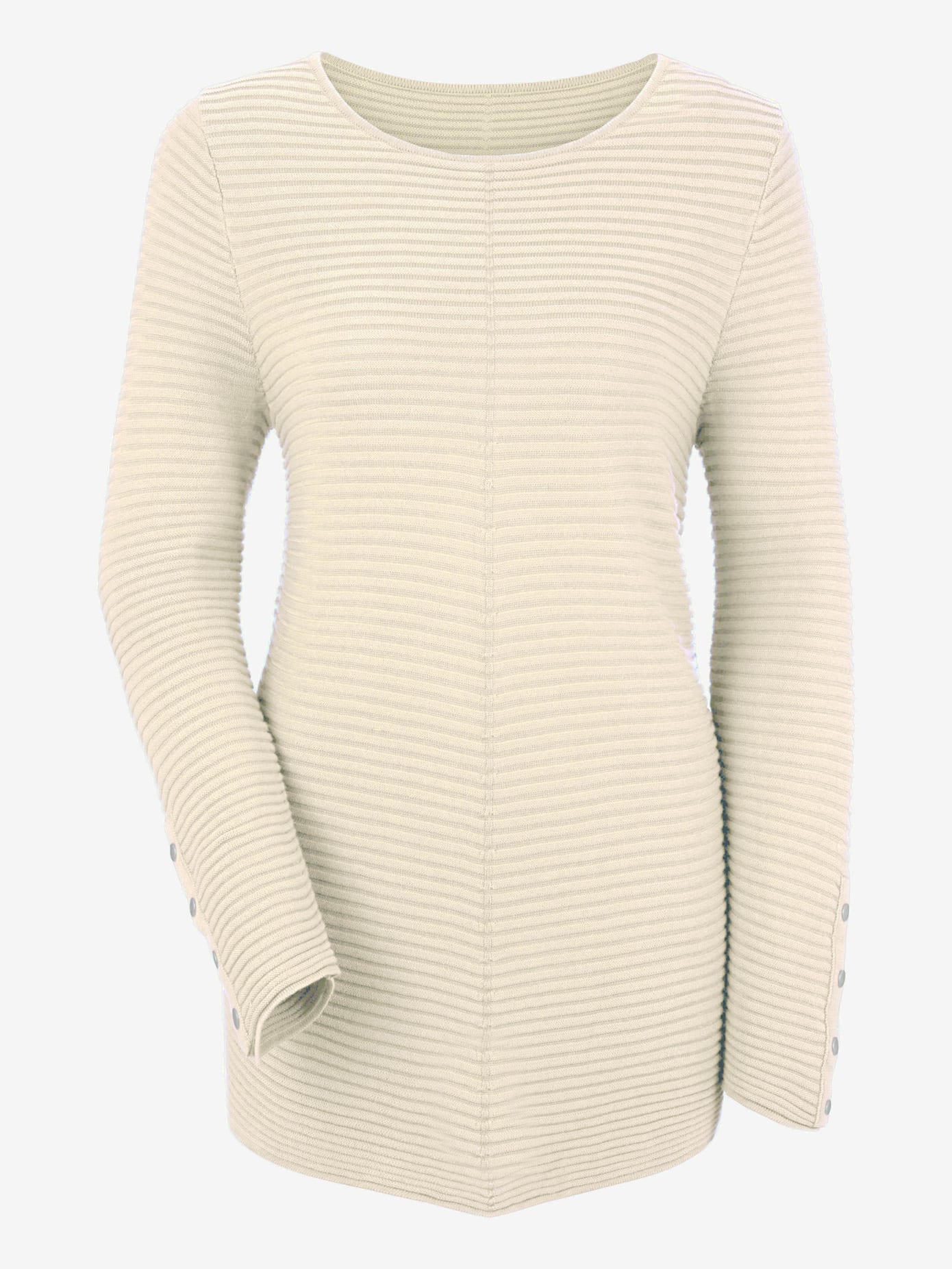 Pull long col rond avec boutons décoratifs dorés sur les manches